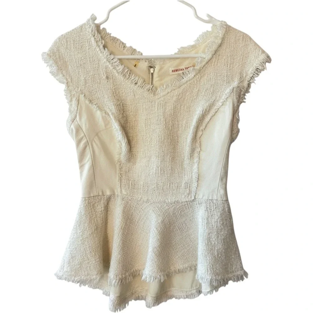 REBECCA TAYLOR Designer Luxury Cream Tweed Leather Peplum Coquette Luxe Top Sz 4